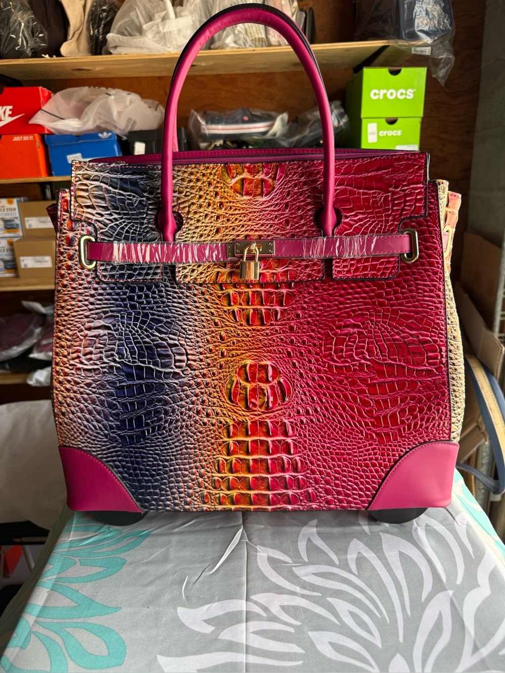 New Structured Croc-Embossed Tote in Gradient Pink
